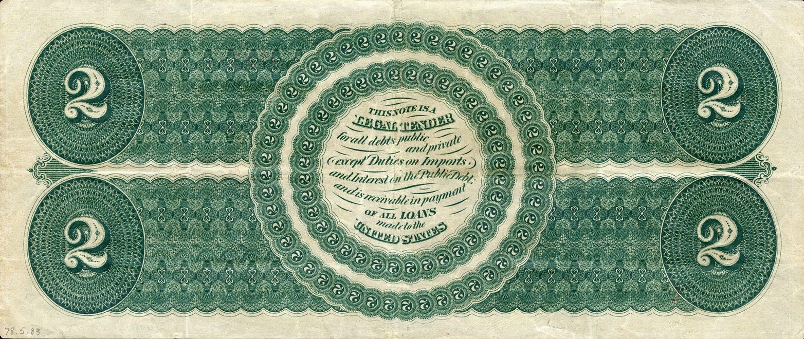 1862 $2 Legal Tender Note back, green legal tender panel