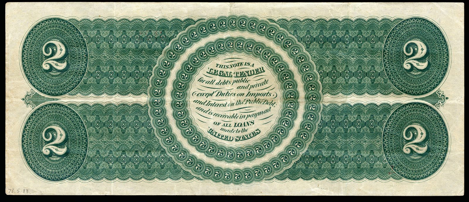 1862 $2 Legal Tender Note back, green legal tender panel
