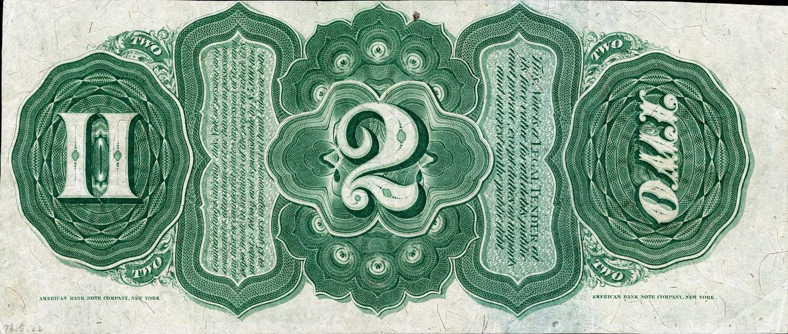 1869 $2 United States Note back, the Rainbow note with its green and black lathework