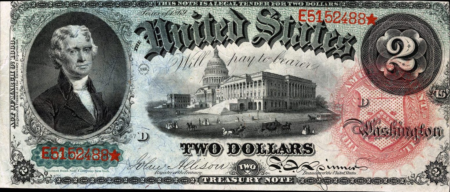 1869 $2 United States Note with Thomas Jefferson and the U.S. Capitol