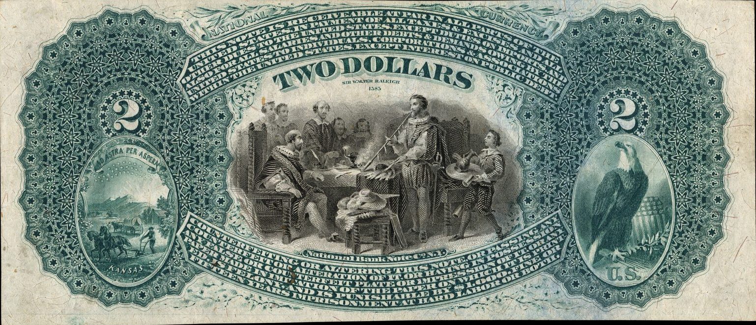 Series 1875 $2 National Bank Note back with Sir Walter Raleigh