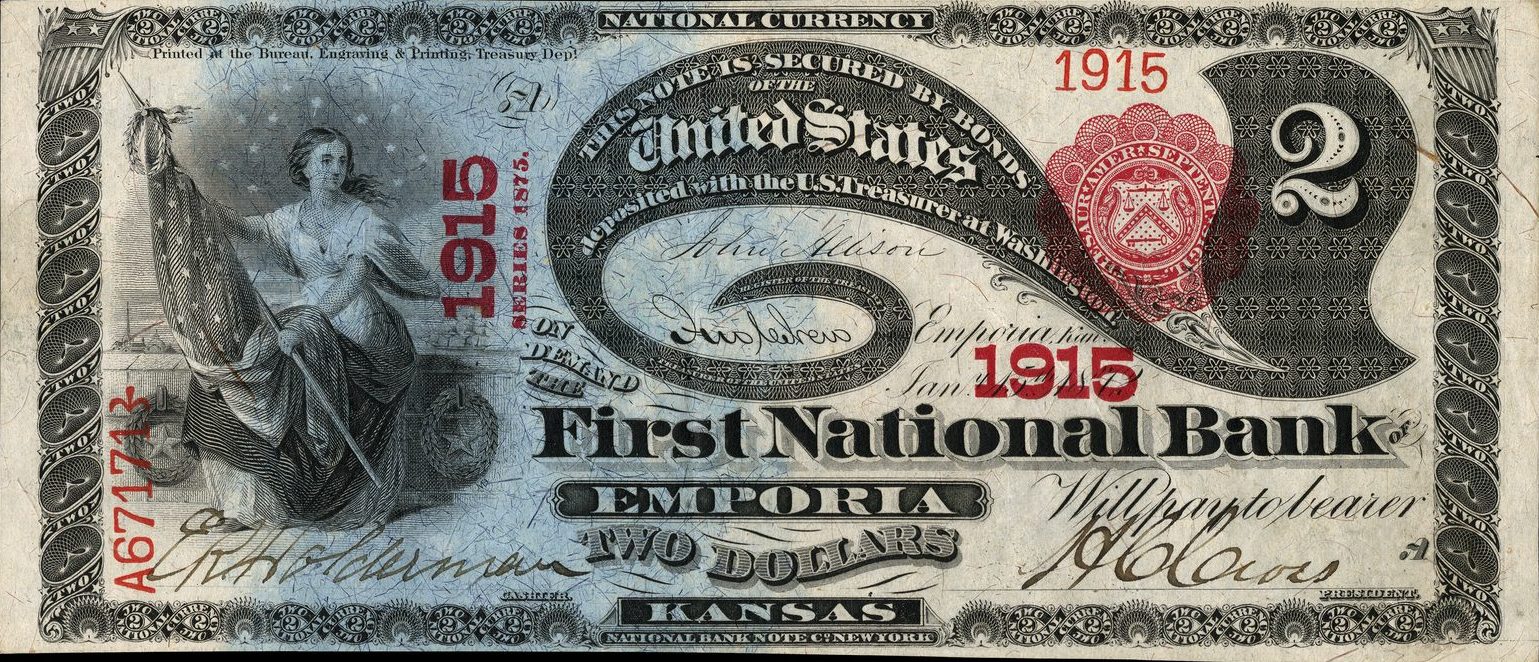 Series 1875 two-dollar National Bank Note face, the Lazy Deuce