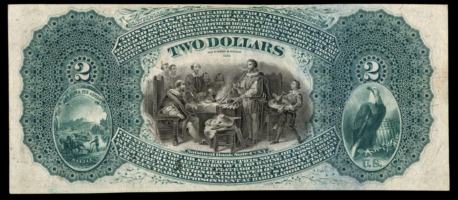 Series 1875 $2 National Bank Note back with Sir Walter Raleigh