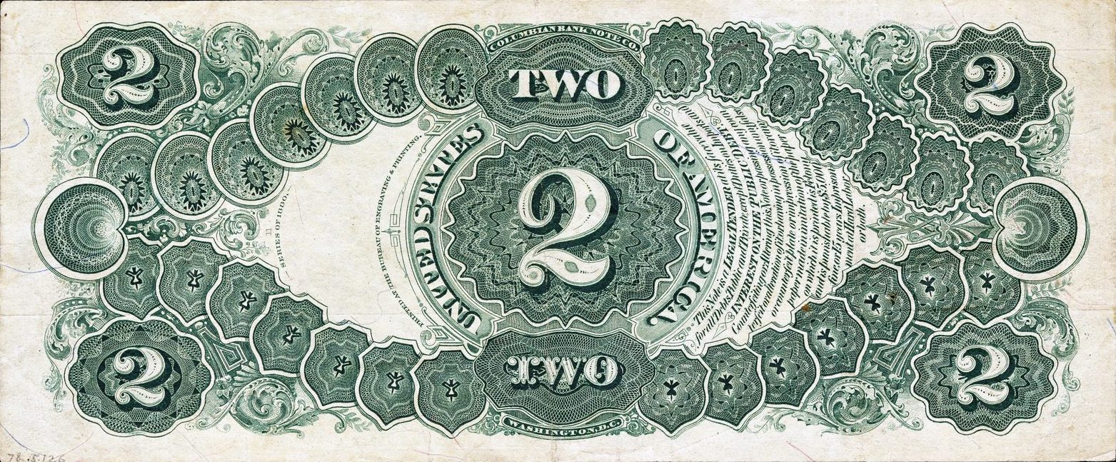 1880 $2 United States Note back with the large ornate TWO