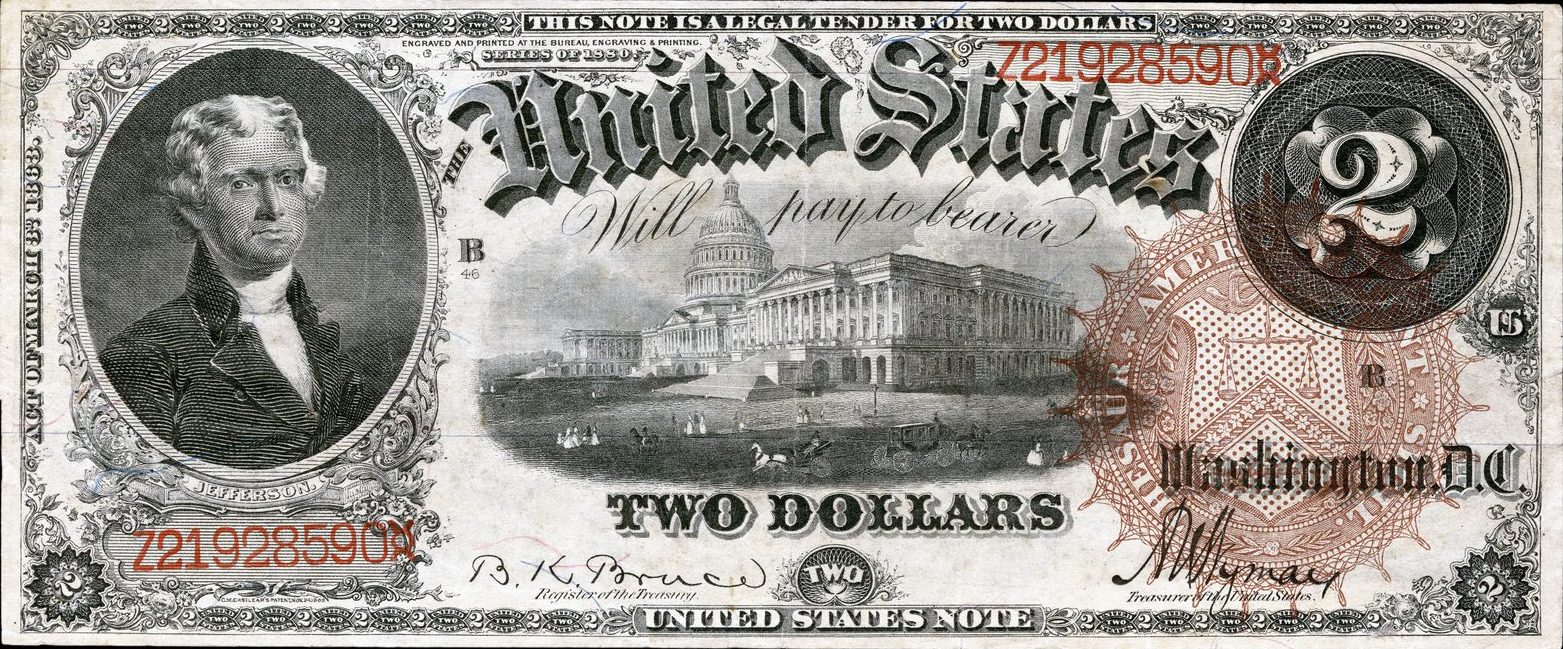 1880 two-dollar United States Note face with a large brown seal