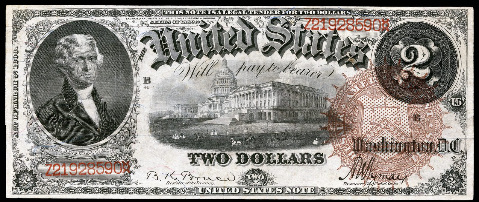 1880 $2 United States Note face with a large brown seal