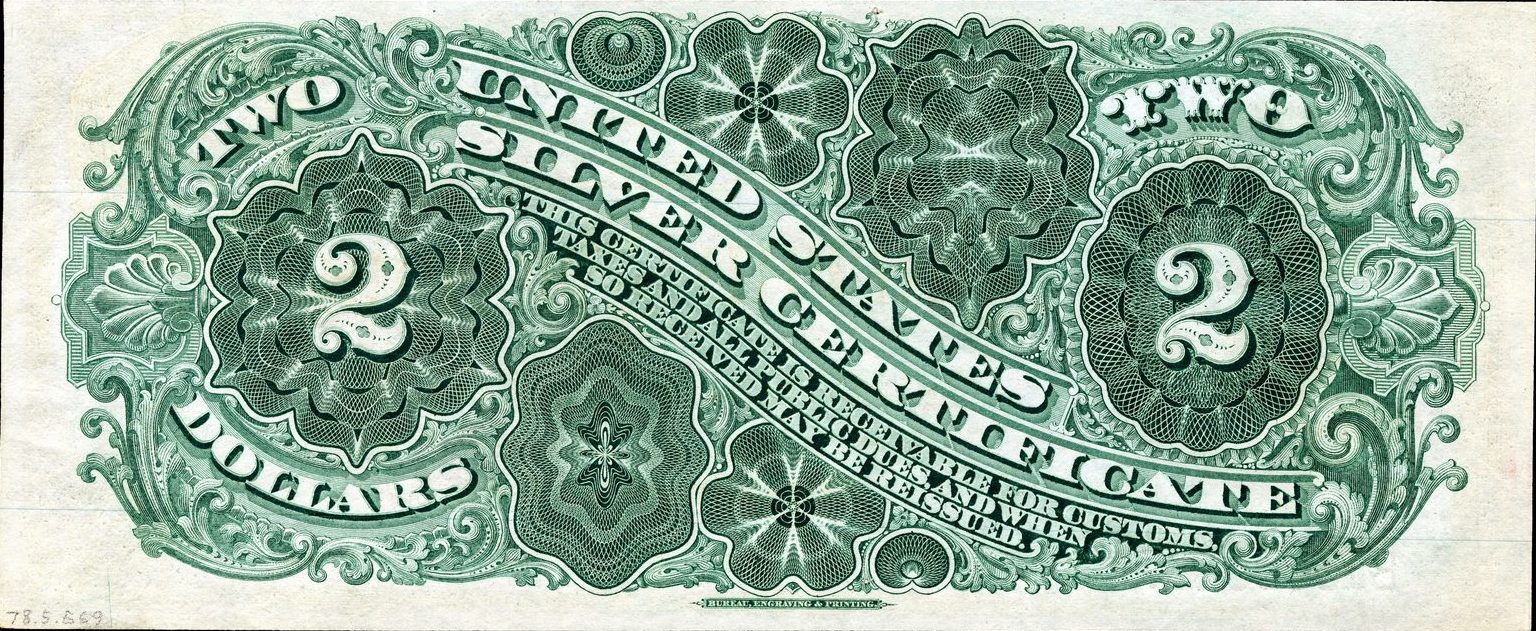 1886 $2 Silver Certificate back with the ornate green counters