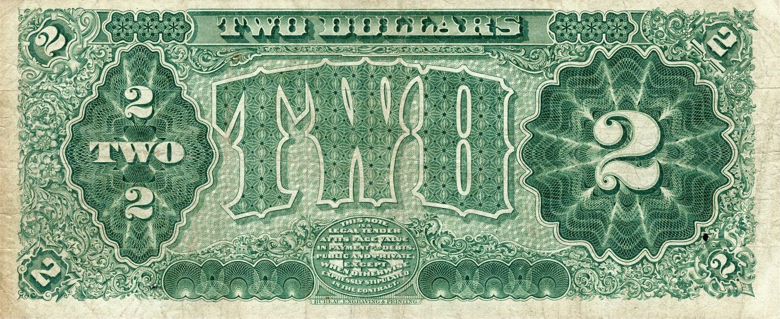 1890 $2 Treasury Note back, the dense design later simplified