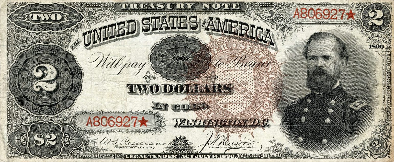 1890 two-dollar Treasury Note face with James B. McPherson