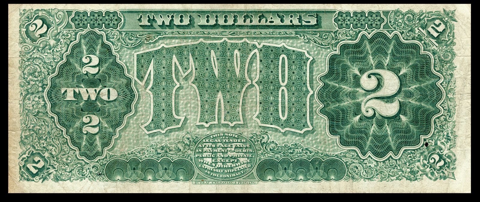 1890 $2 Treasury Note back, the dense design later simplified