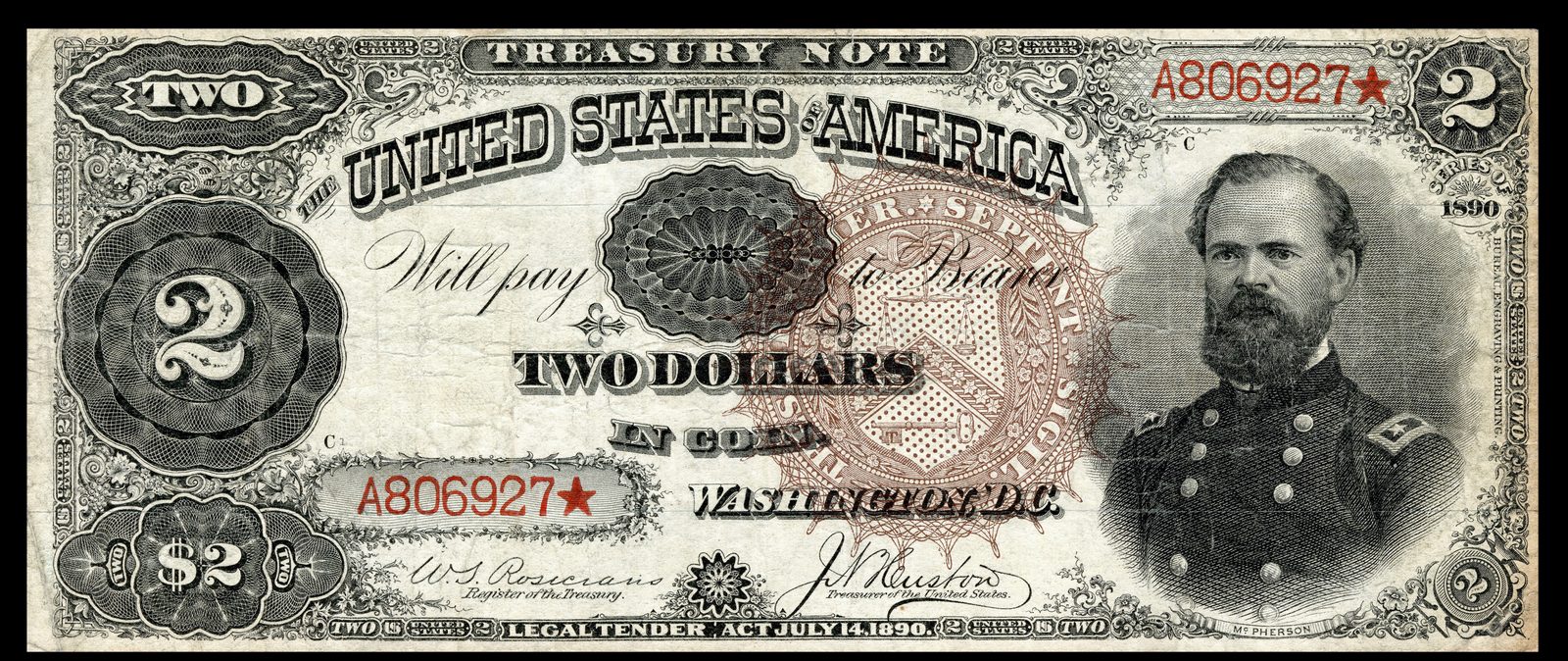 1890 $2 Treasury Note face with James B. McPherson