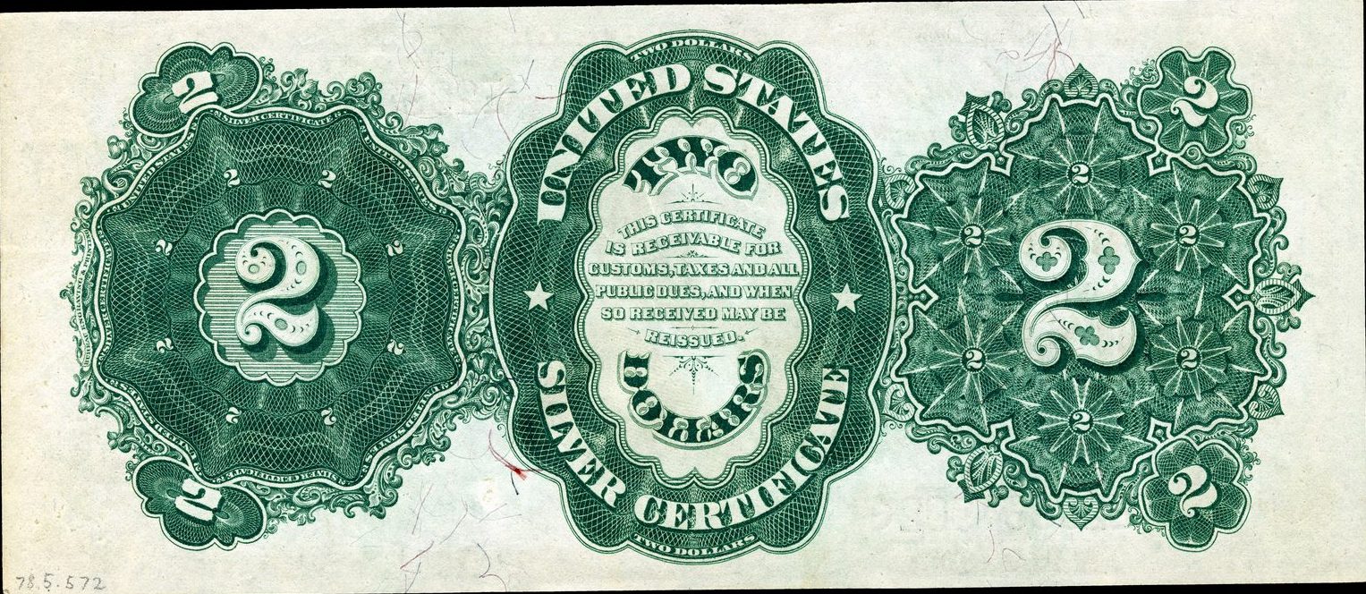 1891 $2 Silver Certificate back with the open green design