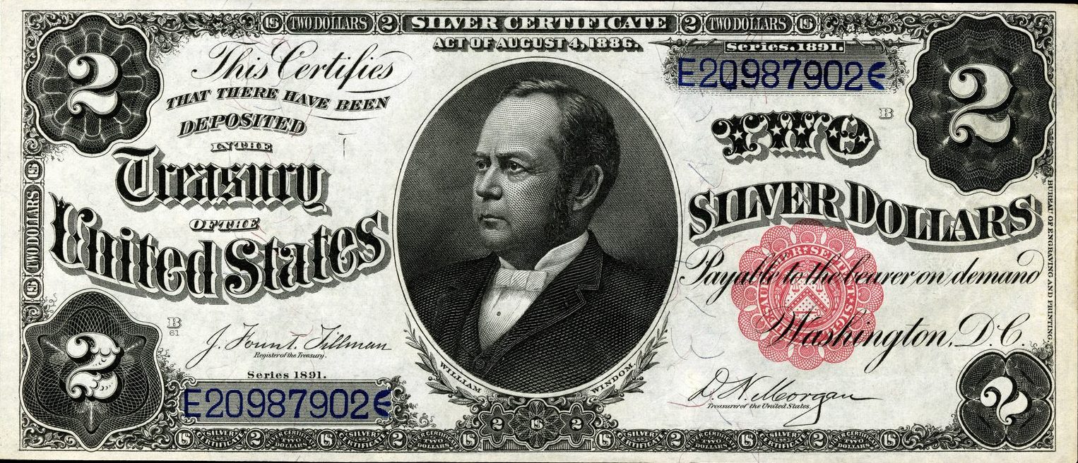 1891 two-dollar Silver Certificate face with William Windom