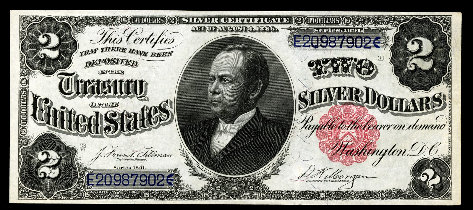 1891 $2 Silver Certificate face with William Windom