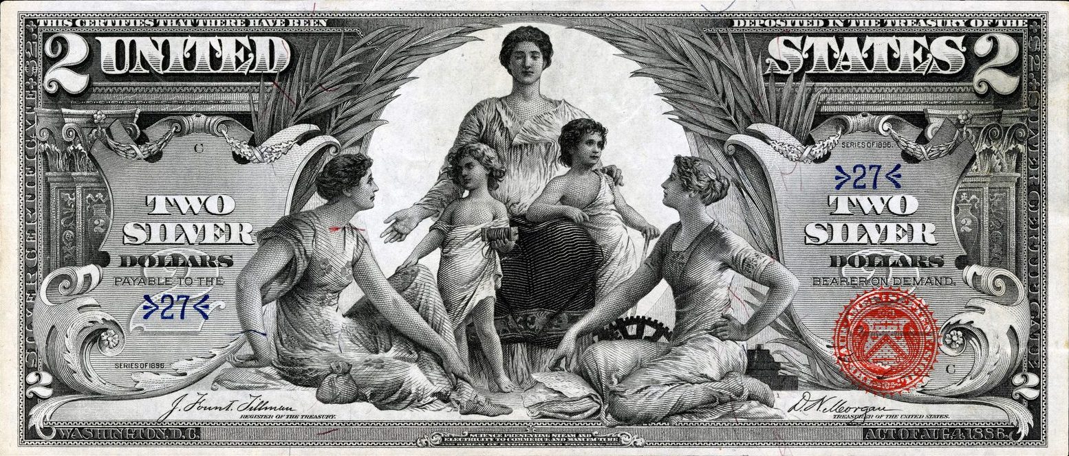 1896 $2 Educational Series Silver Certificate with allegorical figures
