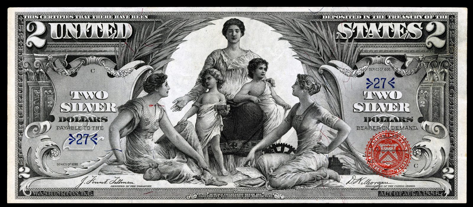 1896 $2 Educational Series Silver Certificate with allegorical figures