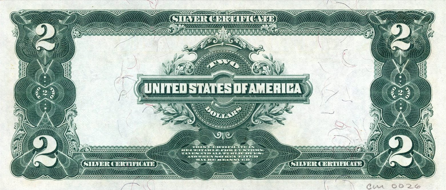 1899 $2 Silver Certificate back with the large ornate TWO