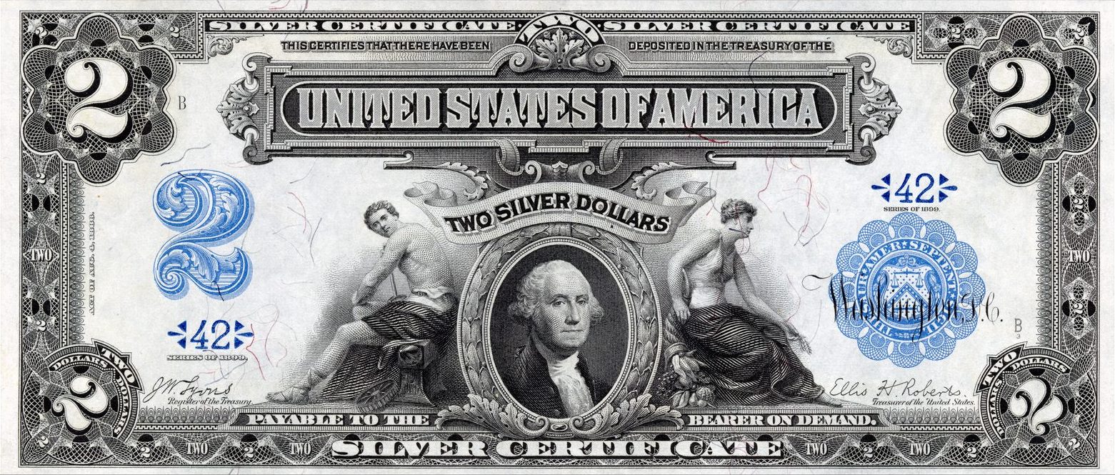 1899 $2 Silver Certificate with George Washington between allegorical figures