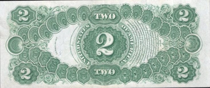 1917 $2 United States Note back with the Bracelet design