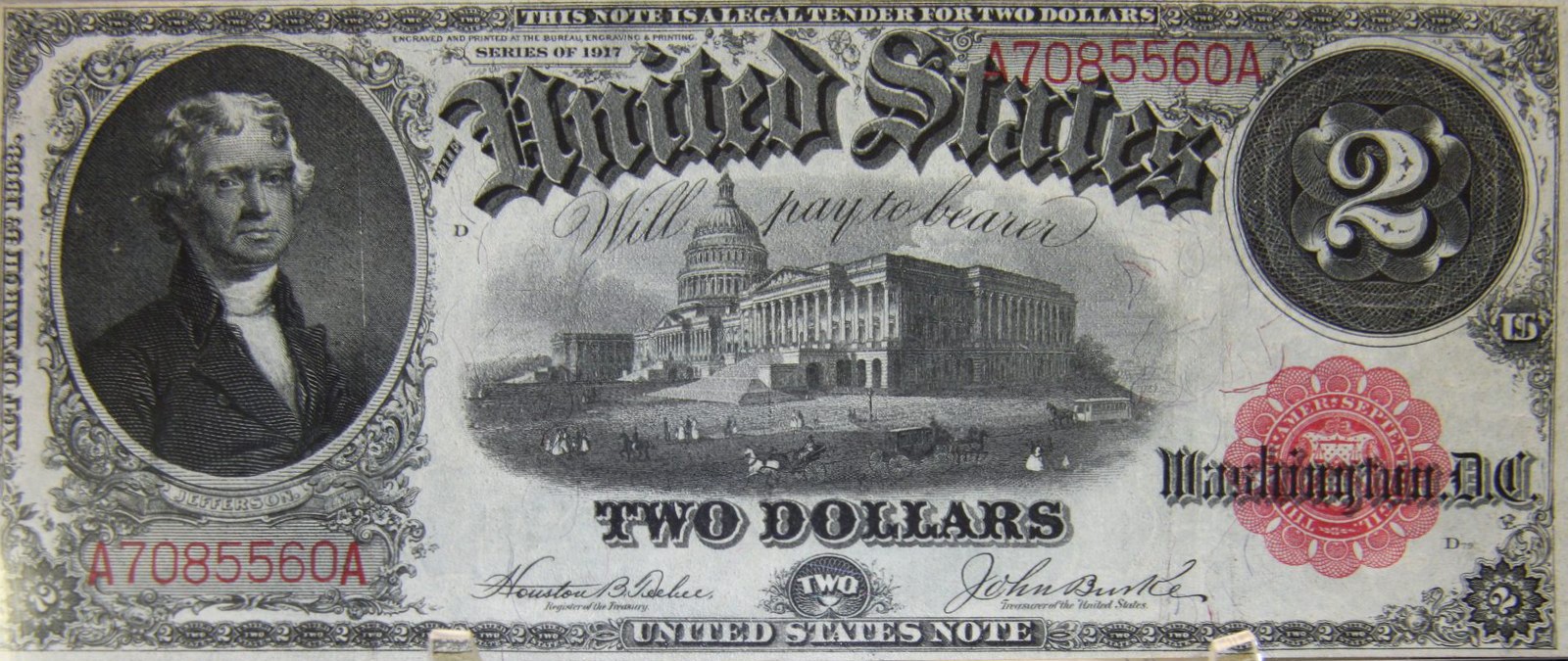 1917 two-dollar United States Note face with Jefferson and the Capitol