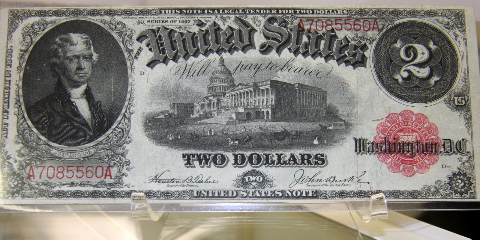 1917 $2 United States Note face with Jefferson and the Capitol