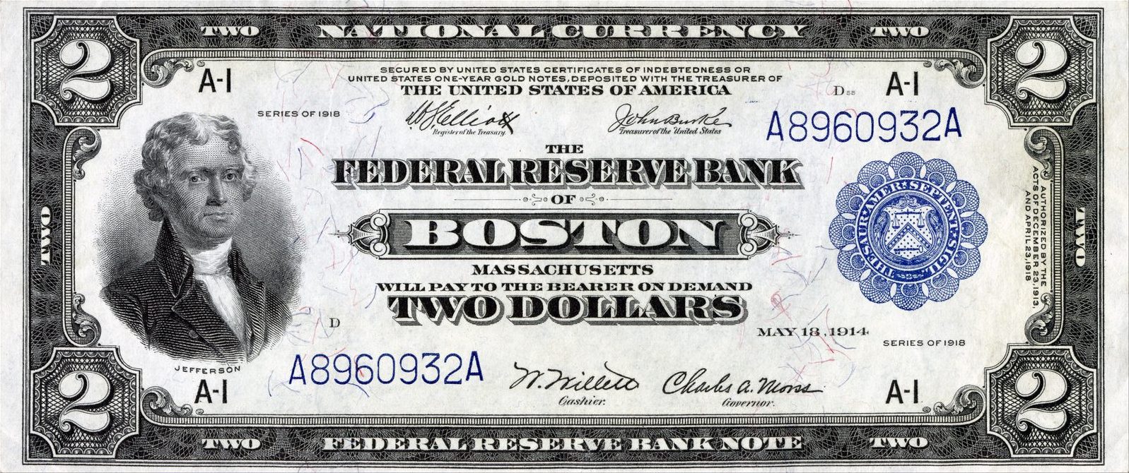 1918 $2 Federal Reserve Bank Note from Boston with Thomas Jefferson