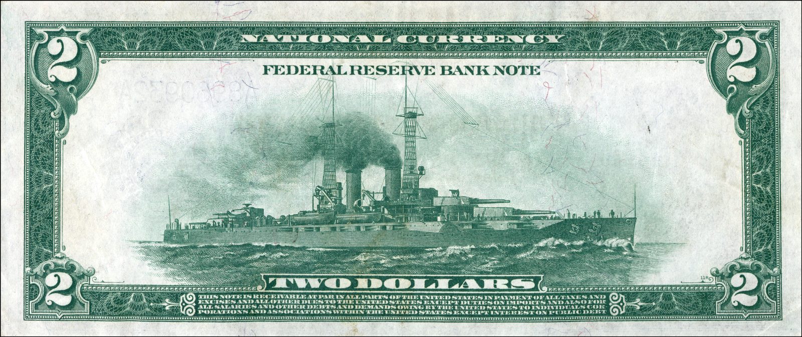 1918 $2 Federal Reserve Bank Note back showing a battleship