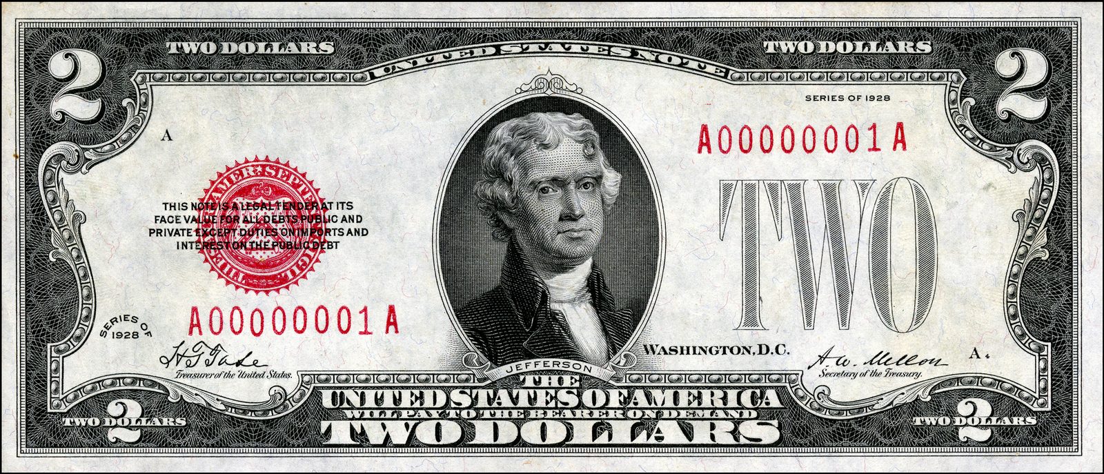 Face of a Series 1928 $2 United States Note with red seal and the serial number A00000001A