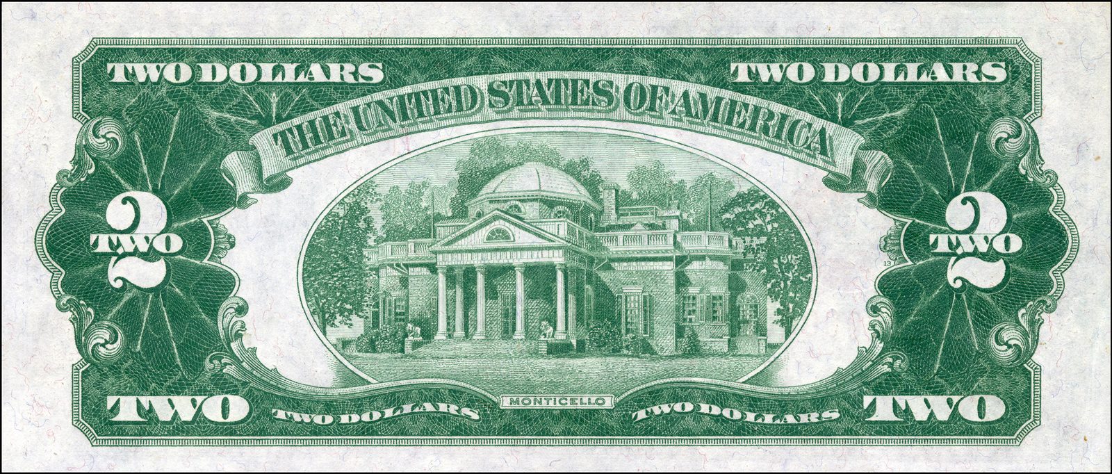 Series 1928 $2 United States Note back showing Monticello