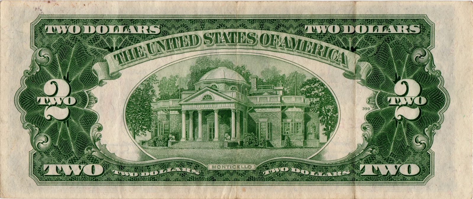 Series 1953 two-dollar United States Note back showing Monticello without a motto