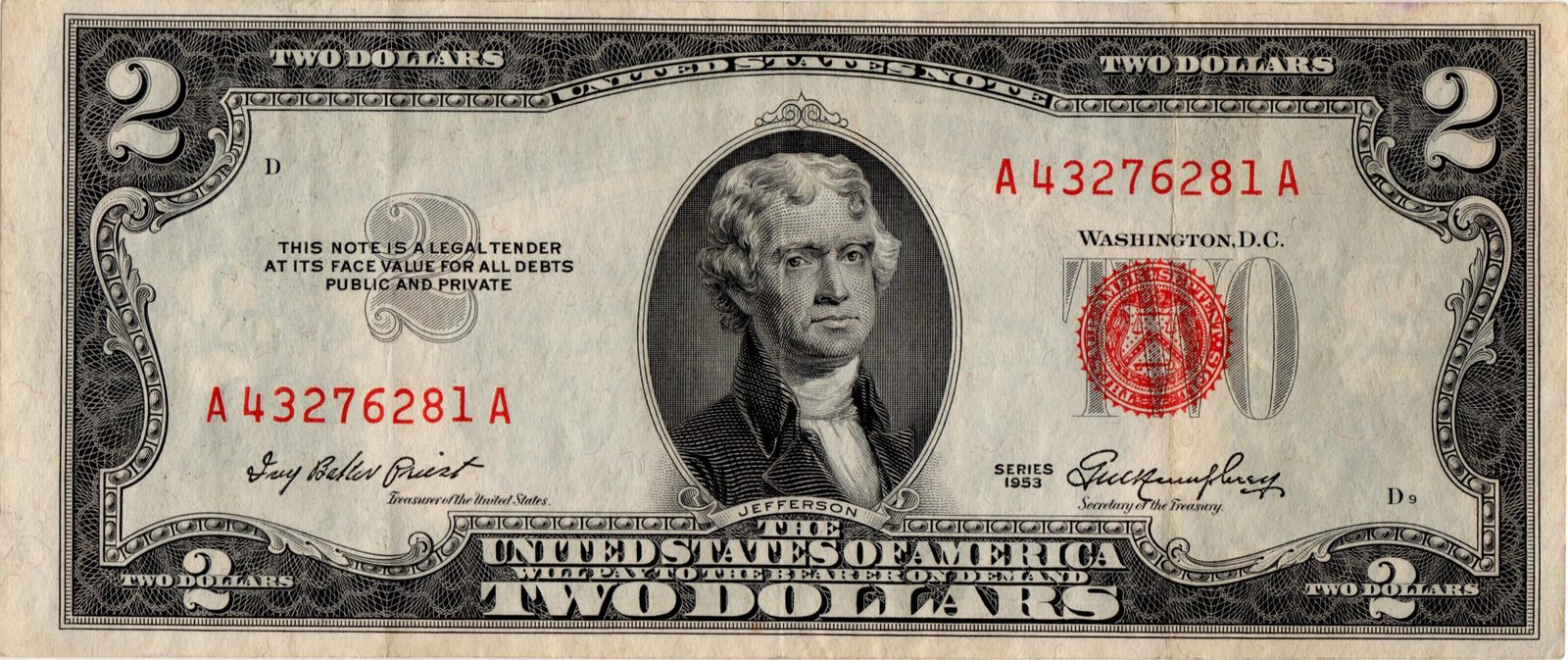 Series 1953 $2 United States Note with red seal