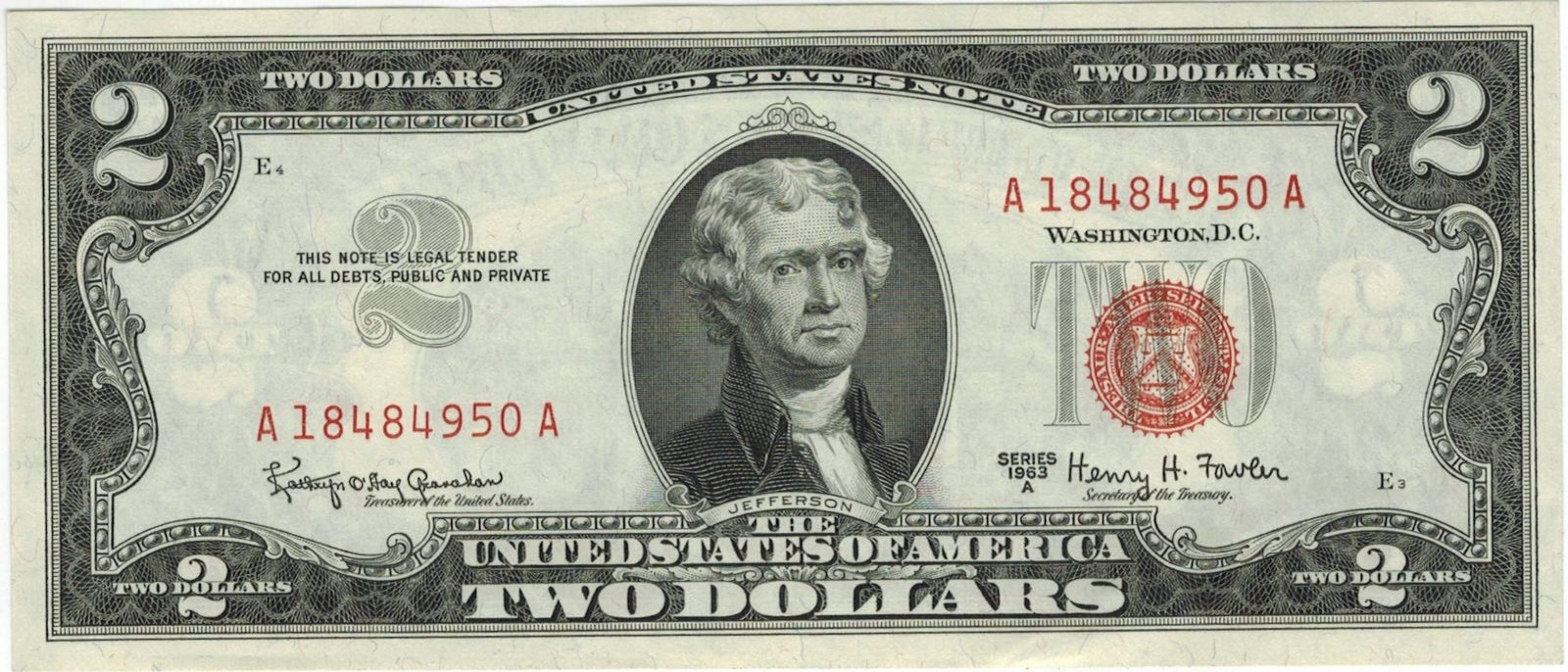 Face of a Series 1963A $2 United States Note, red seal, signed Kathryn O'Hay Granahan and Henry H. Fowler