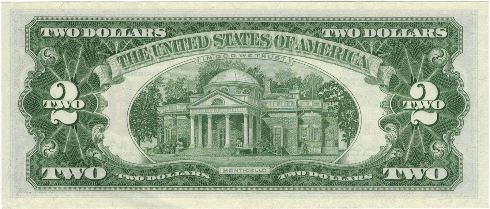 Series 1963A $2 United States Note back with IN GOD WE TRUST above Monticello