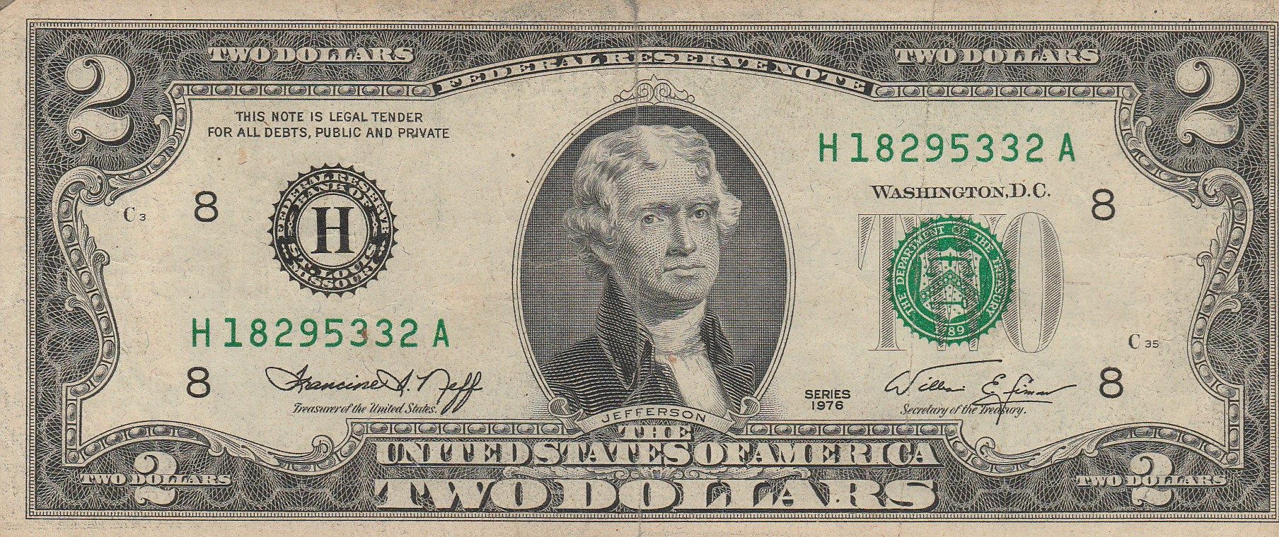 Series 1976 two-dollar Federal Reserve Note face, Philadelphia district, with green seal and Neff and Simon signatures