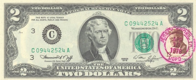Series 1976 two-dollar note with a 13-cent stamp and April 1976 postmark
