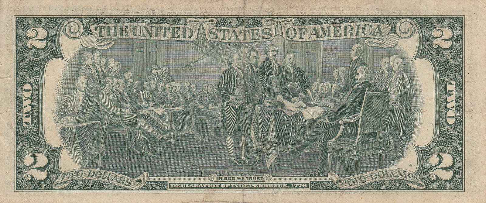Series 1976 $2 Federal Reserve Note back, the Declaration of Independence