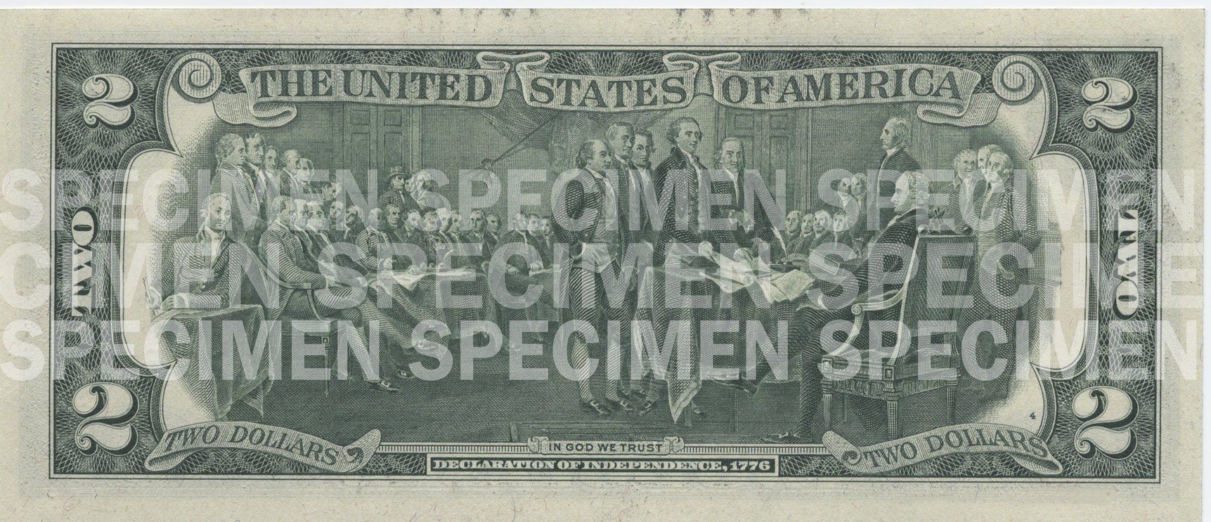 Back of a Series 1976 $2 Federal Reserve Note specimen showing the Declaration of Independence engraving