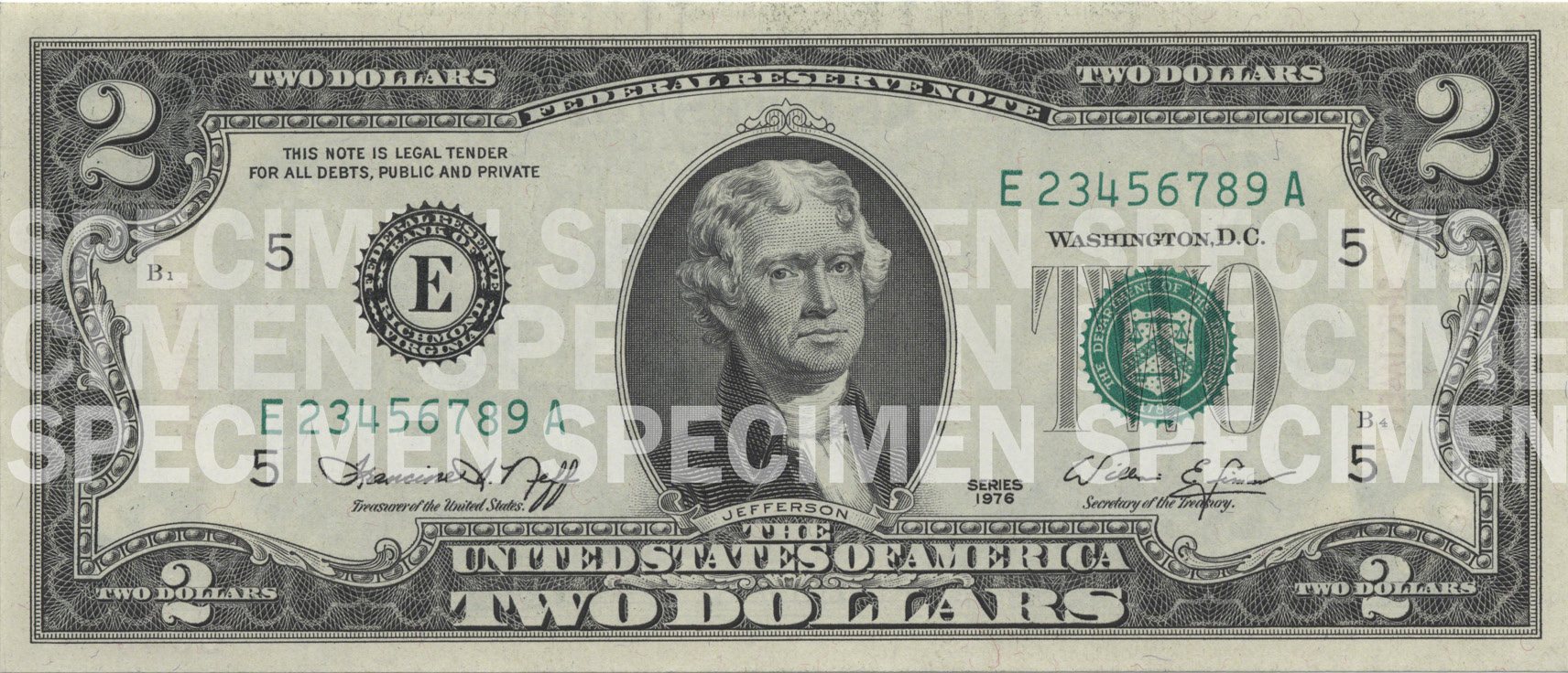 Face of a Series 1976 $2 Federal Reserve Note specimen from the Richmond district, with the word SPECIMEN overprinted