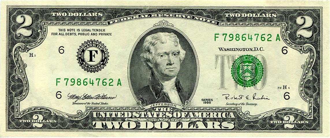Series 1995 $2 Federal Reserve Note face, Atlanta district, serial F79864762A, Withrow and Rubin signatures
