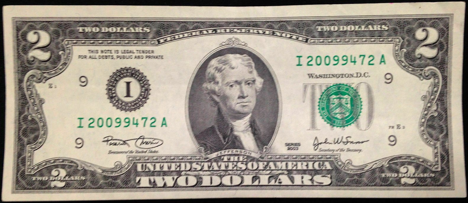 Series 2003 $2 Federal Reserve Note face, Minneapolis district, serial I20099472A, Marin and Snow signatures