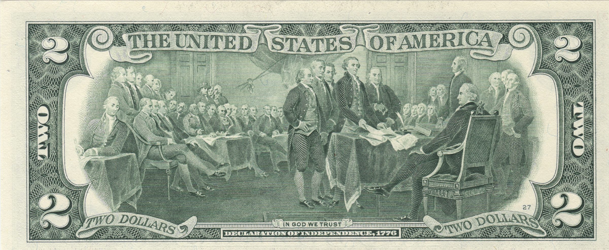 Back of a Series 2003A $2 Federal Reserve Note showing the engraved Declaration of Independence scene