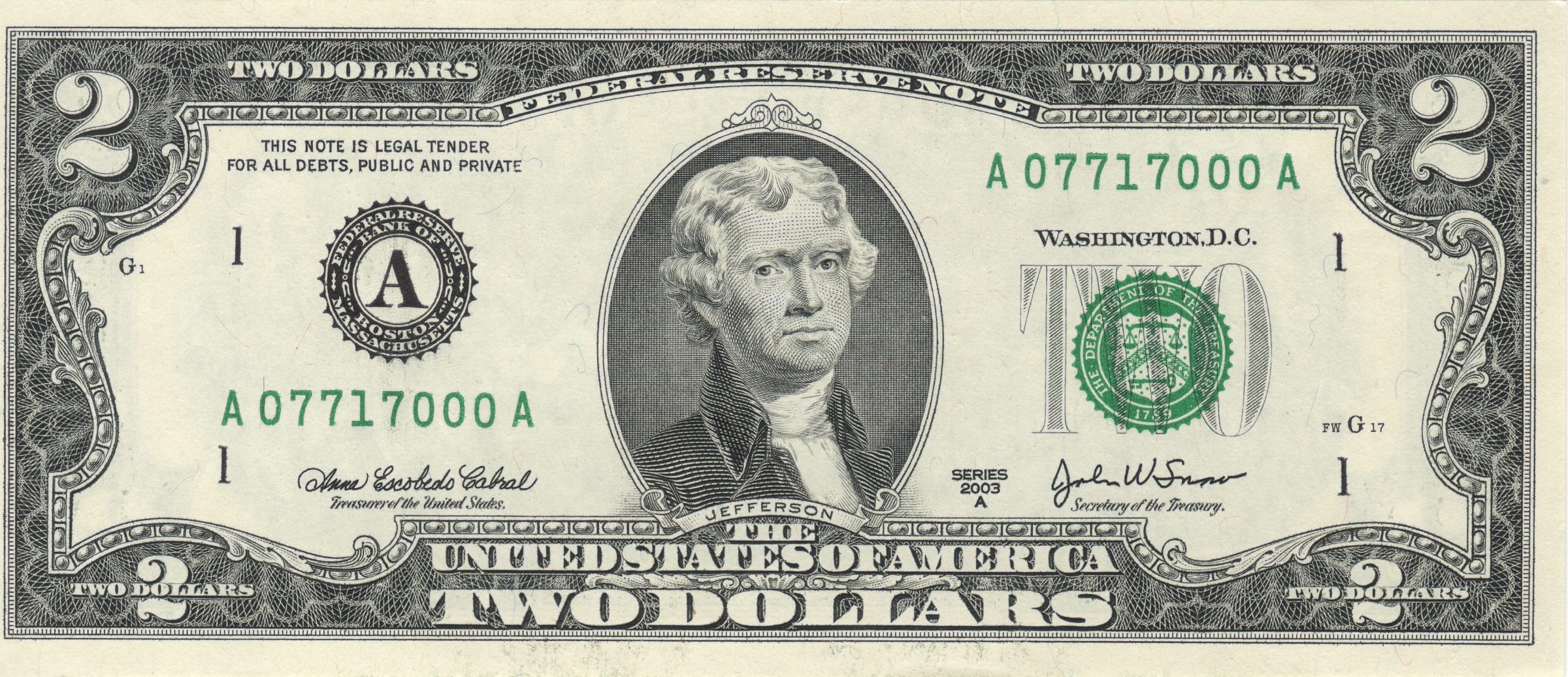 Face of a Series 2003A $2 Federal Reserve Note, Boston district, serial A07717000A