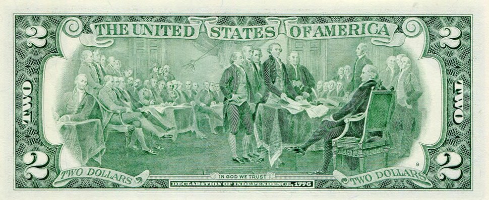 Series 2009 two-dollar Federal Reserve Note back, the Declaration of Independence engraving