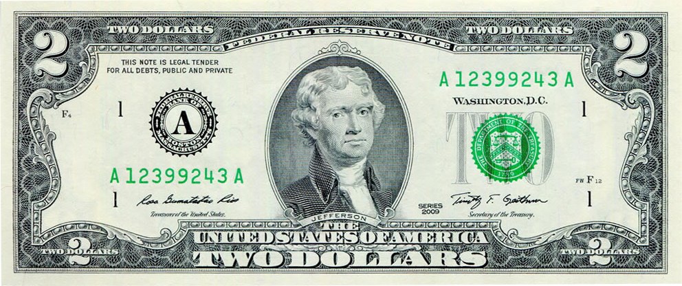 Series 2009 two-dollar bill face with eleven numbered markers on its seals, serial numbers, signatures, series year, and plate numbers