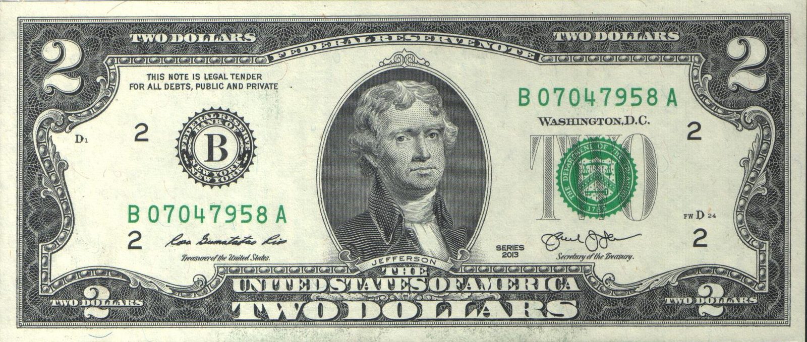 Series 2013 $2 Federal Reserve Note from New York