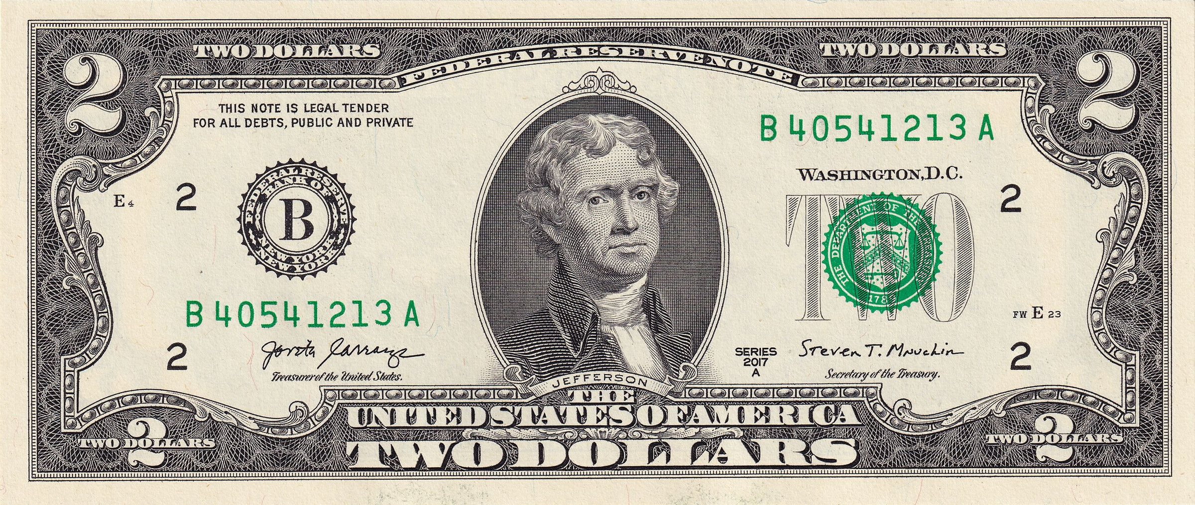 Series 2017A $2 Federal Reserve Note face, New York district, serial B40541213A, Carranza and Mnuchin signatures