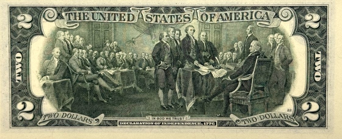 Series 2021 two-dollar Federal Reserve Note back, the Declaration of Independence engraving