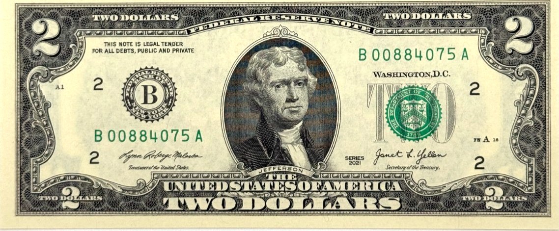 Series 2021 $2 Federal Reserve Note face, New York district, serial B00884075A, Malerba and Yellen signatures