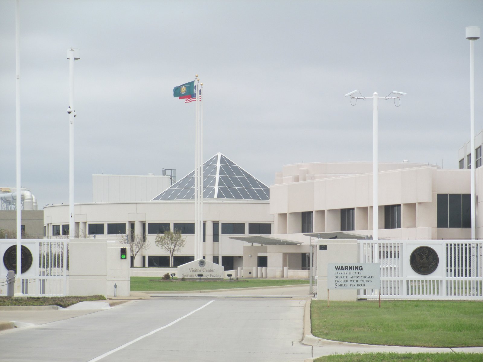 The Bureau of Engraving and Printing Western Currency Facility in Fort Worth, Texas, seen from the road