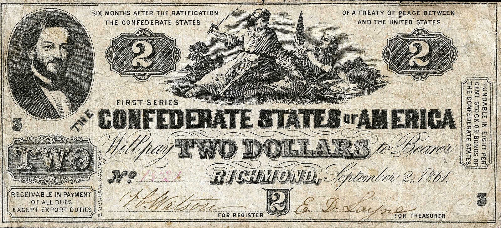 Confederate States two-dollar note of 1862, type T-38, with Judah P. Benjamin and a figure of the South striking down the Union
